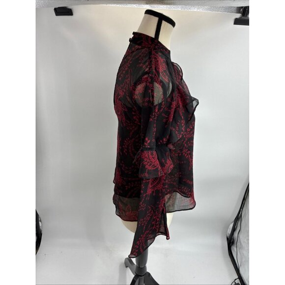 Express Women's Black Red Floral Sheer Ruffle Choker Top XS - Picture 4 of 6
